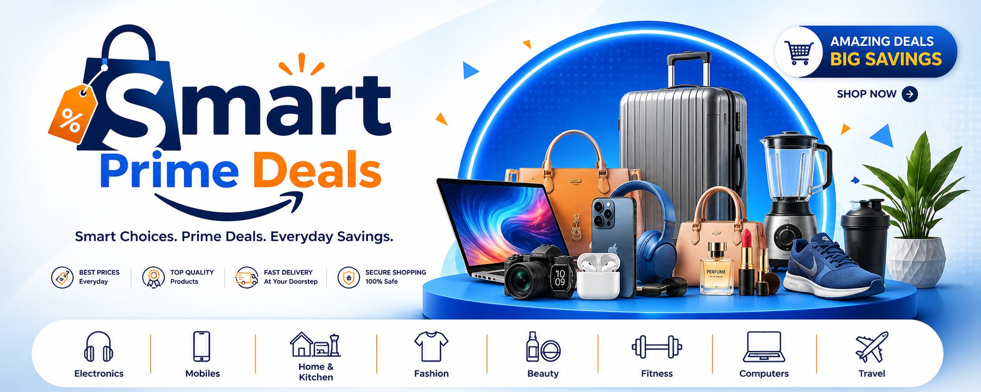 Smart Prime Deals banner with category highlights and big savings message